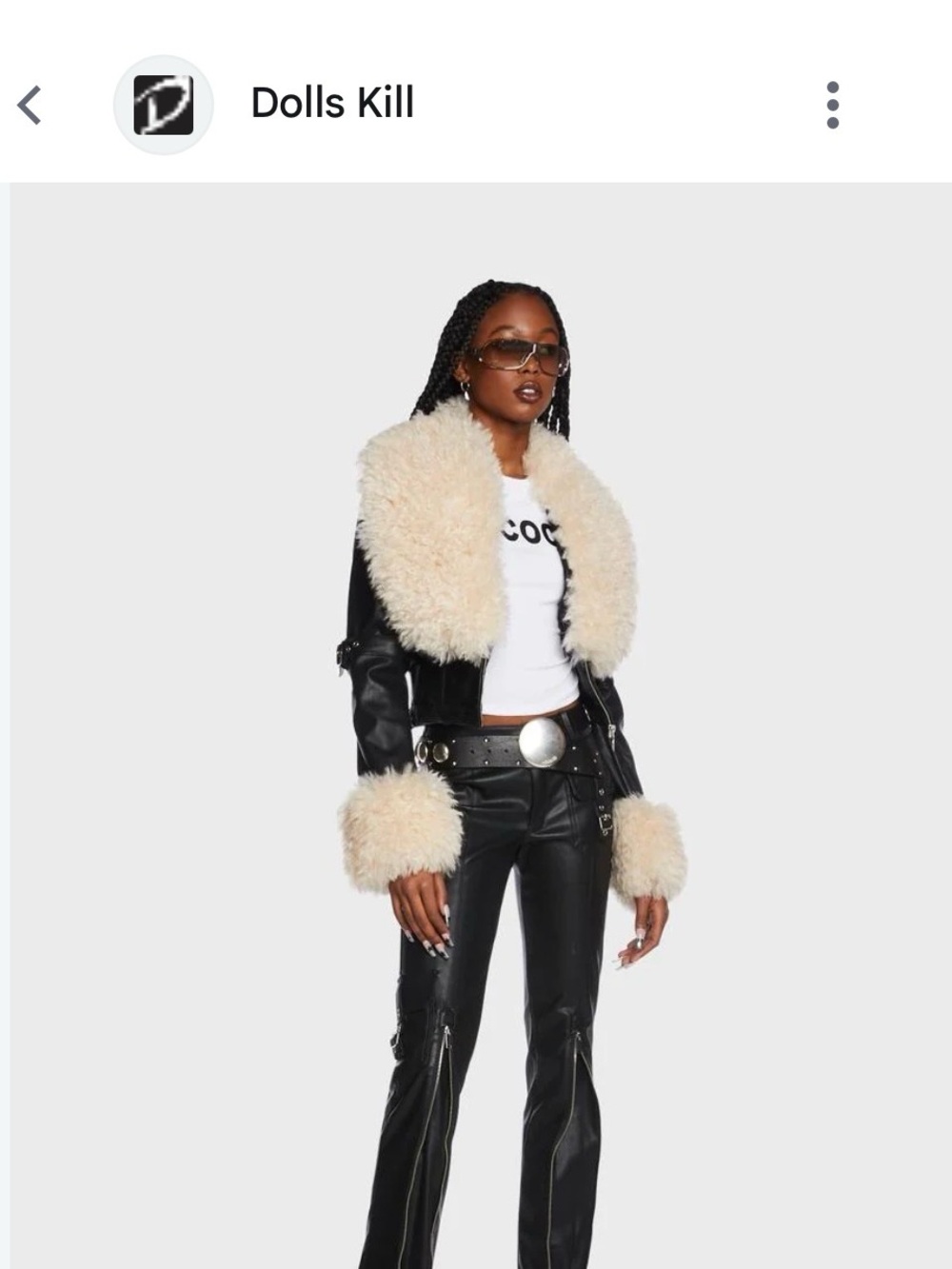Dolls Kill Black Faux Leather Jacket with Cream Faux Fur Collar and Cuffs - Picture 11 of 11
